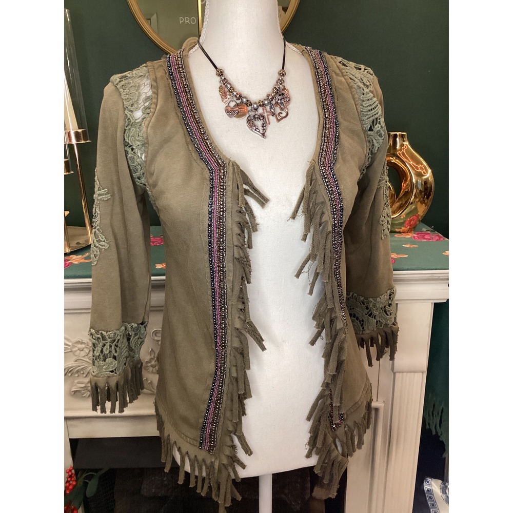 Gimmicks by BKE Boho Cardigan XS Olive Green Fringe Beaded‎ Crochet